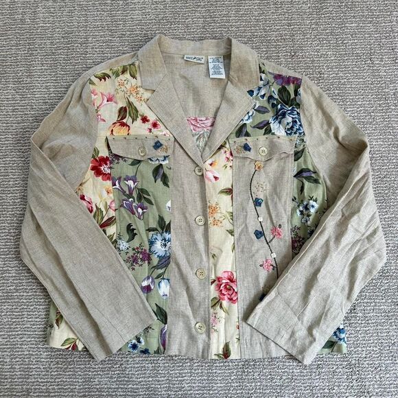 Vintage linen beaded floral boho western coastal cowgirl summer button up top - Picture 2 of 8